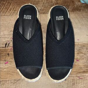 Eileen Fisher 7 Black Knit Espadrille Slides Platform